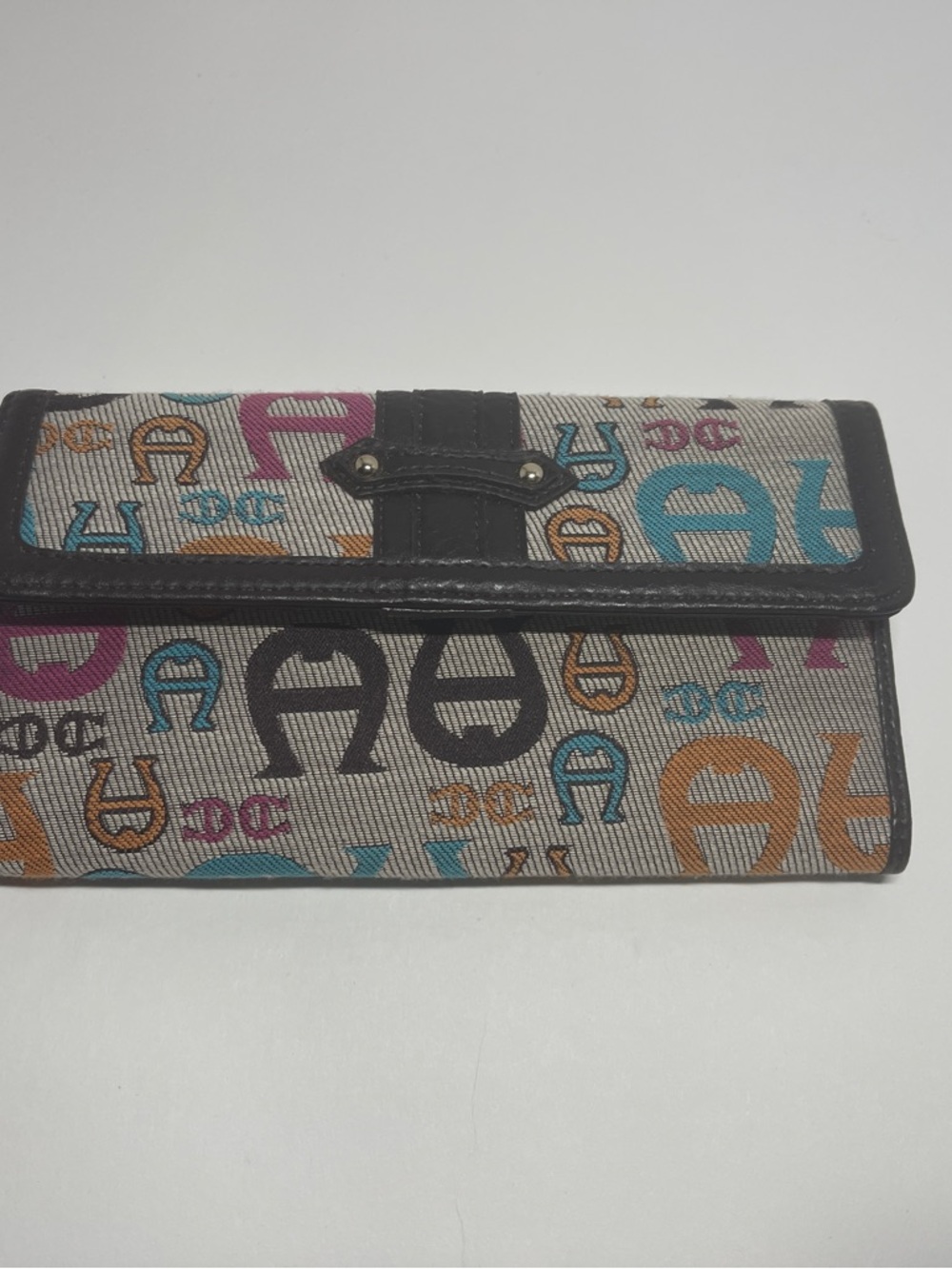 Etienne Aigner Multicolor Monogram Continental Wallet with Black Trim
